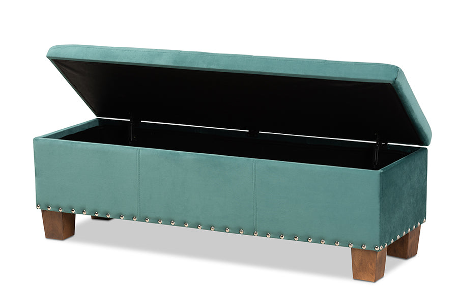 Baxton Studio Hannah Modern and Contemporary Teal Blue Velvet Fabric Upholstered Button-Tufted Storage Ottoman Bench