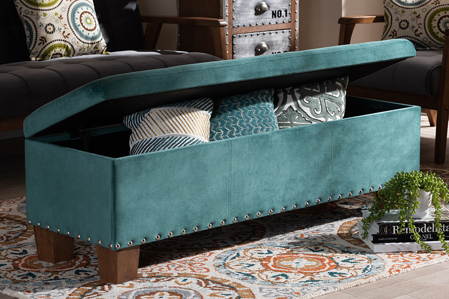 Baxton Studio Hannah Modern and Contemporary Teal Blue Velvet Fabric Upholstered Button-Tufted Storage Ottoman Bench