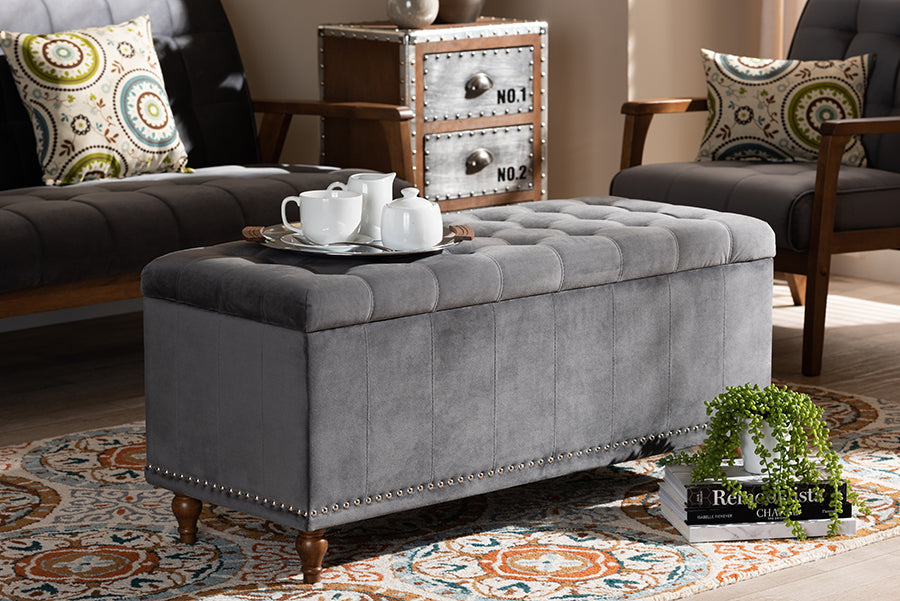 Baxton Studio Kaylee Modern and Contemporary Grey Velvet Fabric Upholstered Button-Tufted Storage Ottoman Bench