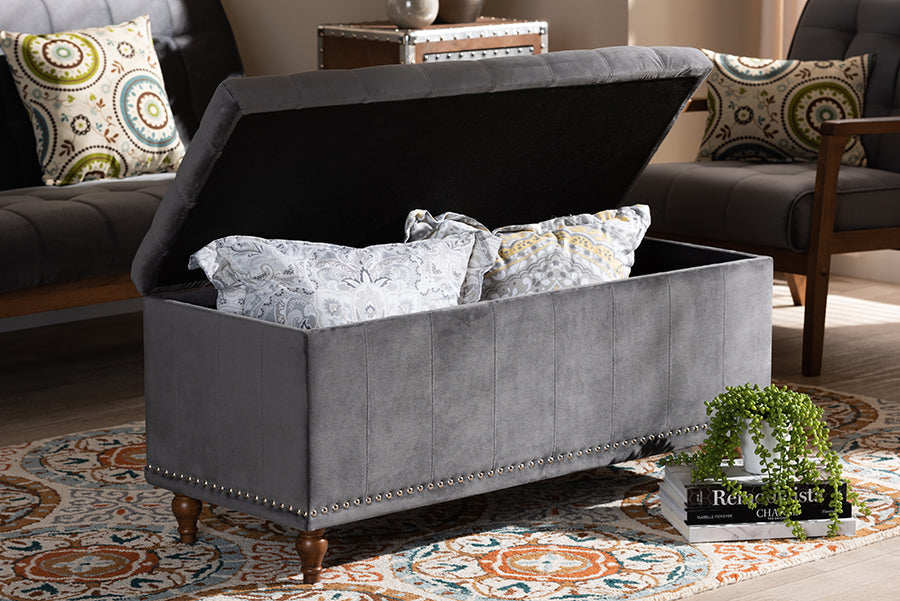 Baxton Studio Kaylee Modern and Contemporary Grey Velvet Fabric Upholstered Button-Tufted Storage Ottoman Bench