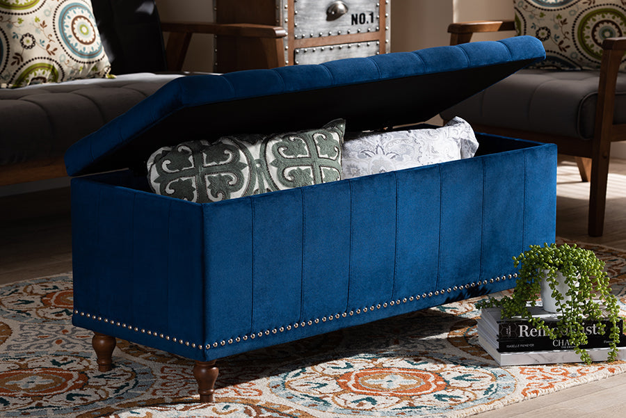 Baxton Studio Kaylee Modern and Contemporary Navy Blue Velvet Fabric Upholstered Button-Tufted Storage Ottoman Bench