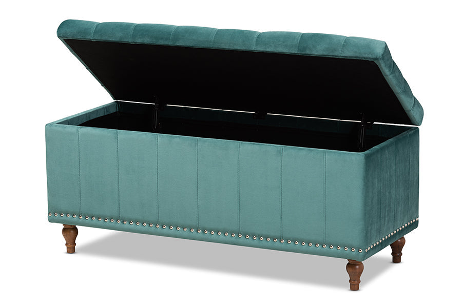 Baxton Studio Kaylee Modern and Contemporary Teal Blue Velvet Fabric Upholstered Button-Tufted Storage Ottoman Bench