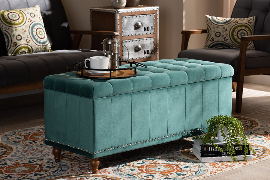 Baxton Studio Kaylee Modern and Contemporary Teal Blue Velvet Fabric Upholstered Button-Tufted Storage Ottoman Bench
