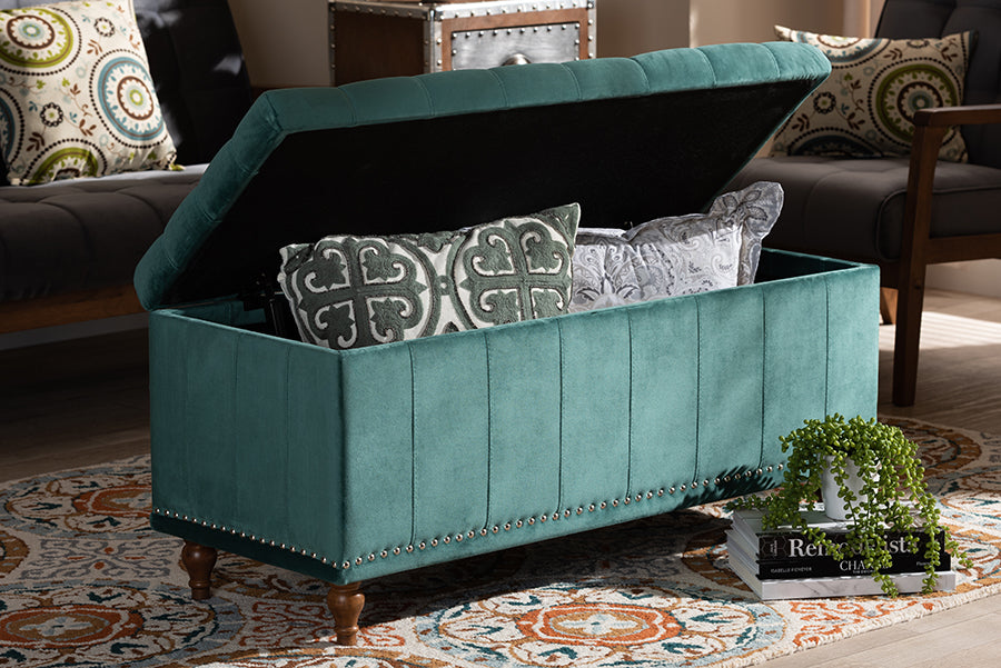 Baxton Studio Kaylee Modern and Contemporary Teal Blue Velvet Fabric Upholstered Button-Tufted Storage Ottoman Bench