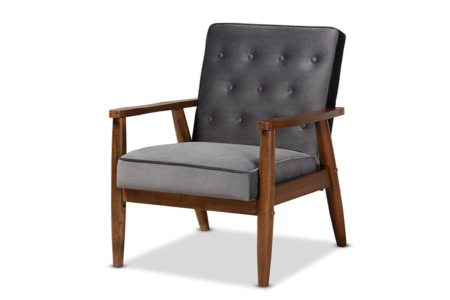 Baxton Studio Sorrento Mid-century Modern Grey Velvet Fabric Upholstered Walnut Finished Wooden Lounge Chair