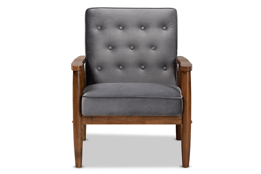 Baxton Studio Sorrento Mid-century Modern Grey Velvet Fabric Upholstered Walnut Finished Wooden Lounge Chair
