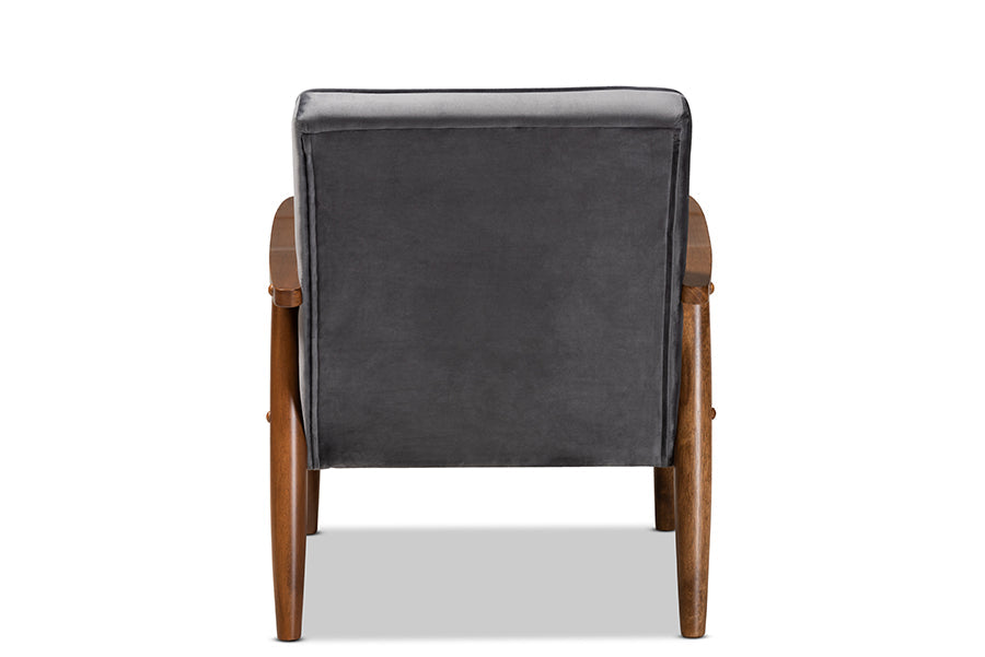 Baxton Studio Sorrento Mid-century Modern Grey Velvet Fabric Upholstered Walnut Finished Wooden Lounge Chair