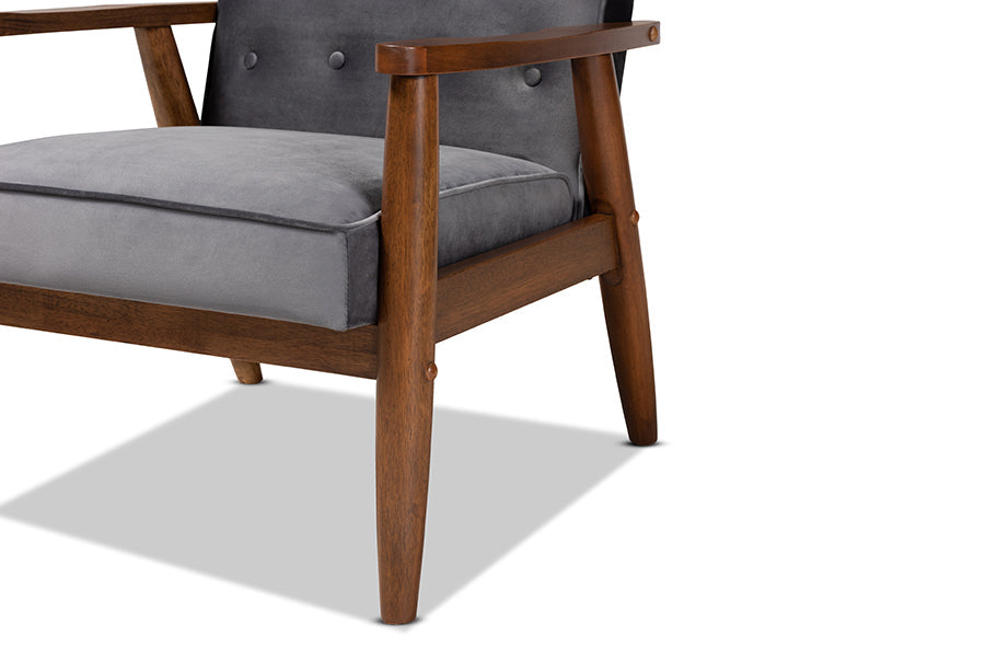 Baxton Studio Sorrento Mid-century Modern Grey Velvet Fabric Upholstered Walnut Finished Wooden Lounge Chair