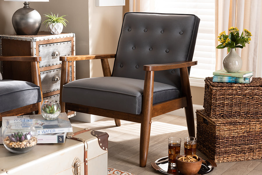 Baxton Studio Sorrento Mid-century Modern Grey Velvet Fabric Upholstered Walnut Finished Wooden Lounge Chair