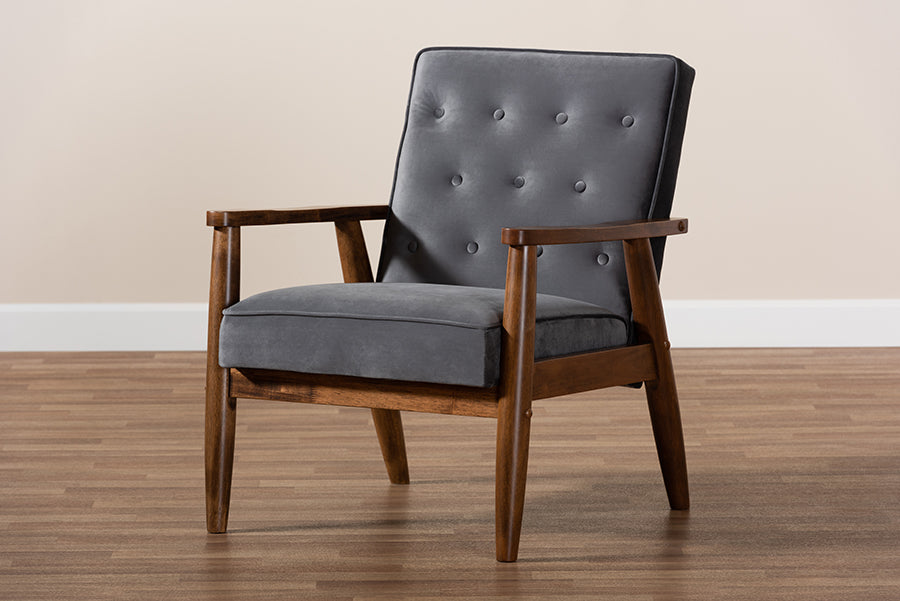 Baxton Studio Sorrento Mid-century Modern Grey Velvet Fabric Upholstered Walnut Finished Wooden Lounge Chair