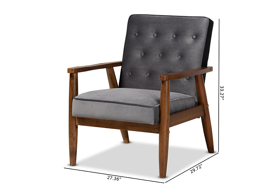 Baxton Studio Sorrento Mid-century Modern Grey Velvet Fabric Upholstered Walnut Finished Wooden Lounge Chair