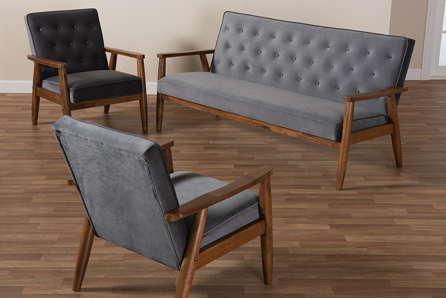Baxton Studio Sorrento Mid-century Modern Grey Velvet Fabric Upholstered Walnut Finished 3-Piece Wooden Living Room Set