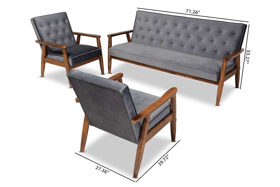 Baxton Studio Sorrento Mid-century Modern Grey Velvet Fabric Upholstered Walnut Finished 3-Piece Wooden Living Room Set