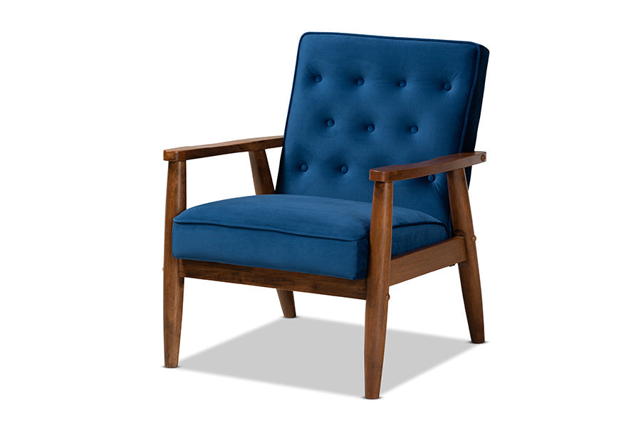 Baxton Studio Sorrento Mid-century Modern Navy Blue Velvet Fabric Upholstered Walnut Finished Wooden Lounge Chair