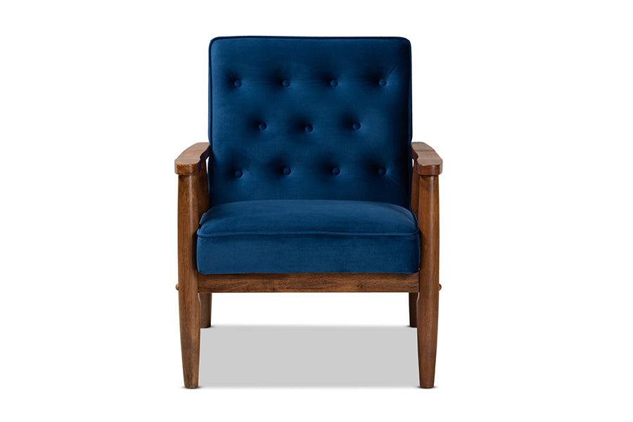 Baxton Studio Sorrento Mid-century Modern Navy Blue Velvet Fabric Upholstered Walnut Finished Wooden Lounge Chair