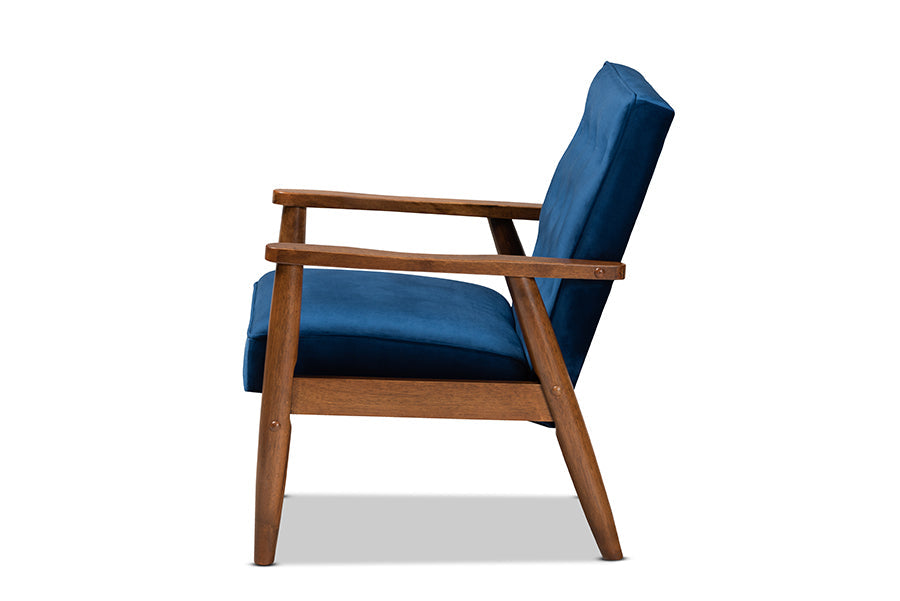 Baxton Studio Sorrento Mid-century Modern Navy Blue Velvet Fabric Upholstered Walnut Finished Wooden Lounge Chair