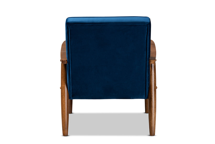 Baxton Studio Sorrento Mid-century Modern Navy Blue Velvet Fabric Upholstered Walnut Finished Wooden Lounge Chair