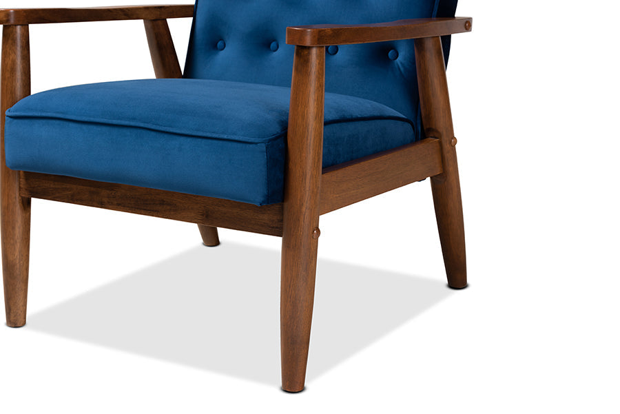 Baxton Studio Sorrento Mid-century Modern Navy Blue Velvet Fabric Upholstered Walnut Finished Wooden Lounge Chair