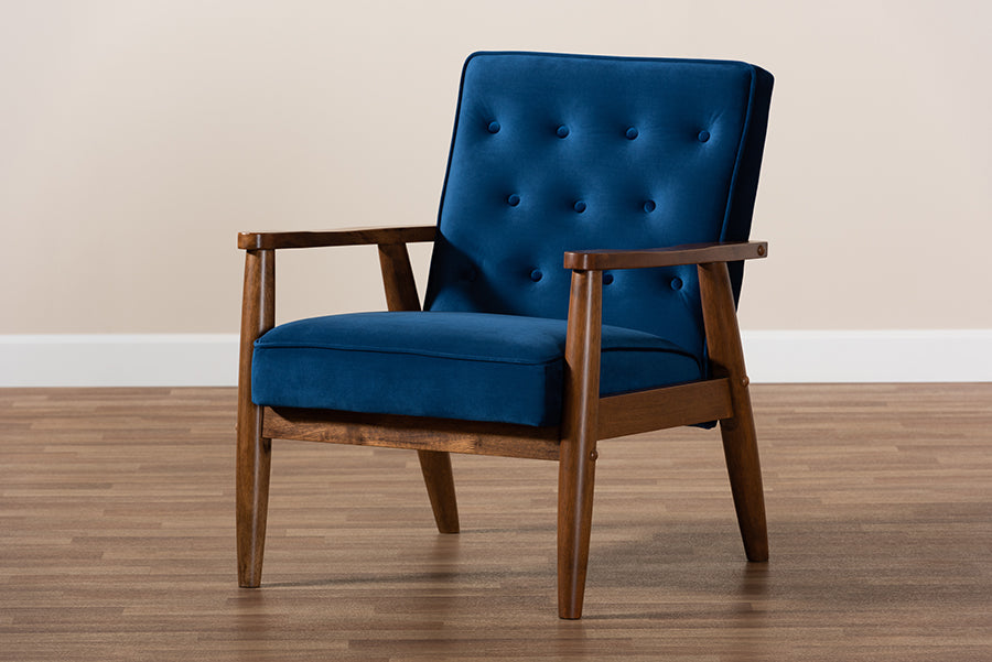 Baxton Studio Sorrento Mid-century Modern Navy Blue Velvet Fabric Upholstered Walnut Finished Wooden Lounge Chair