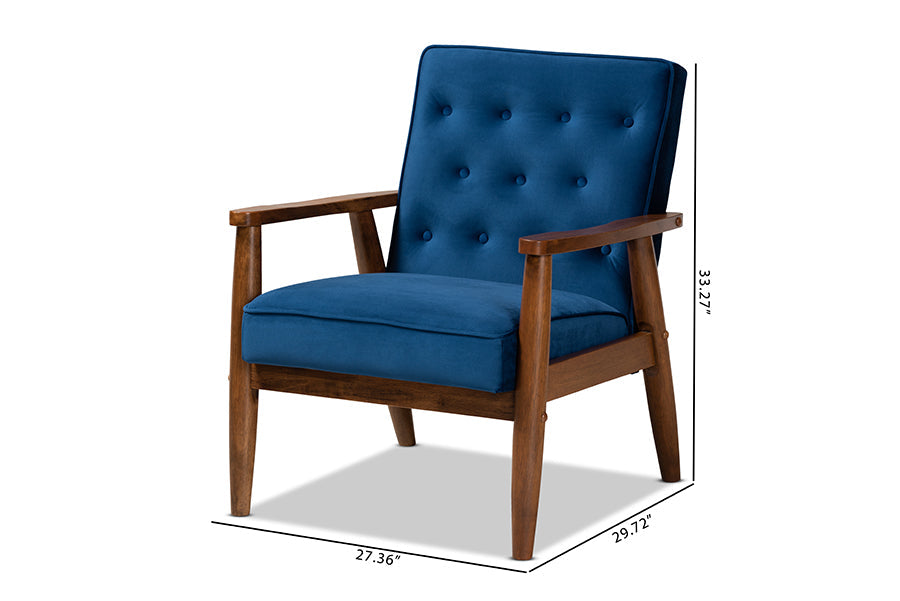 Baxton Studio Sorrento Mid-century Modern Navy Blue Velvet Fabric Upholstered Walnut Finished Wooden Lounge Chair