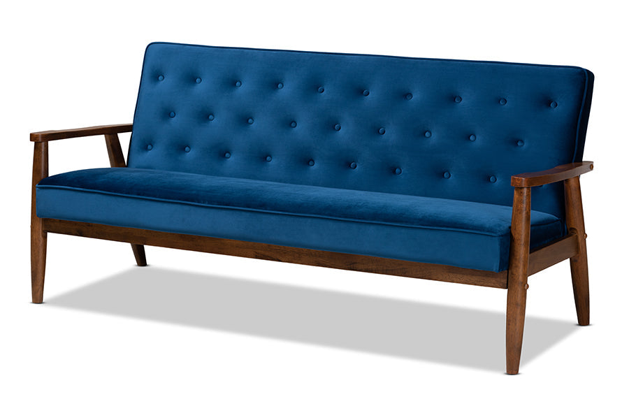 Baxton Studio Sorrento Mid-century Modern Navy Blue Velvet Fabric Upholstered Walnut Finished 3-Piece Wooden Living Room Set