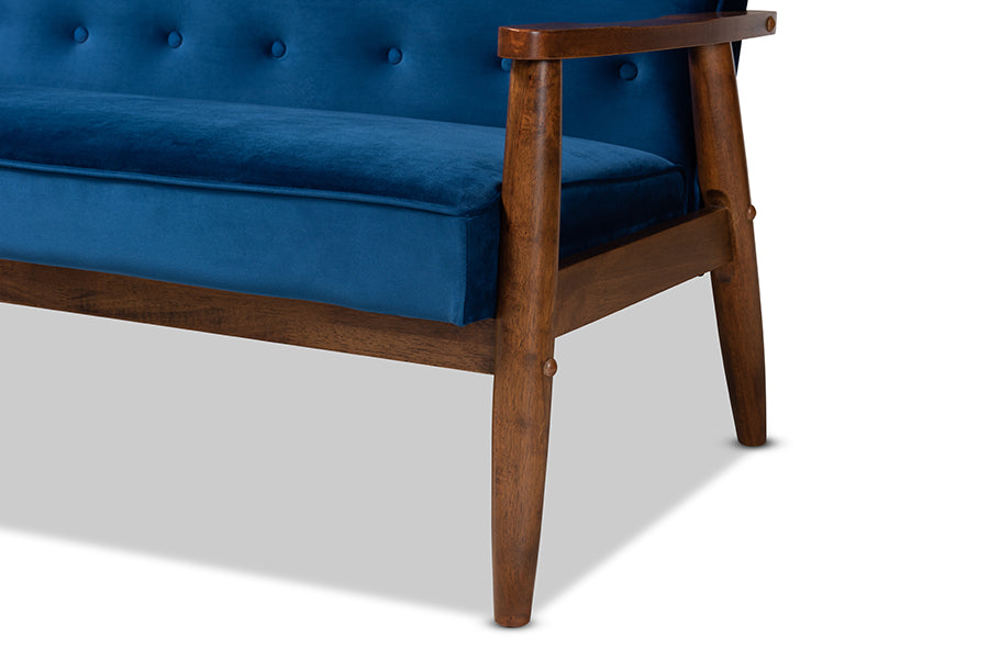 Baxton Studio Sorrento Mid-century Modern Navy Blue Velvet Fabric Upholstered Walnut Finished 3-Piece Wooden Living Room Set