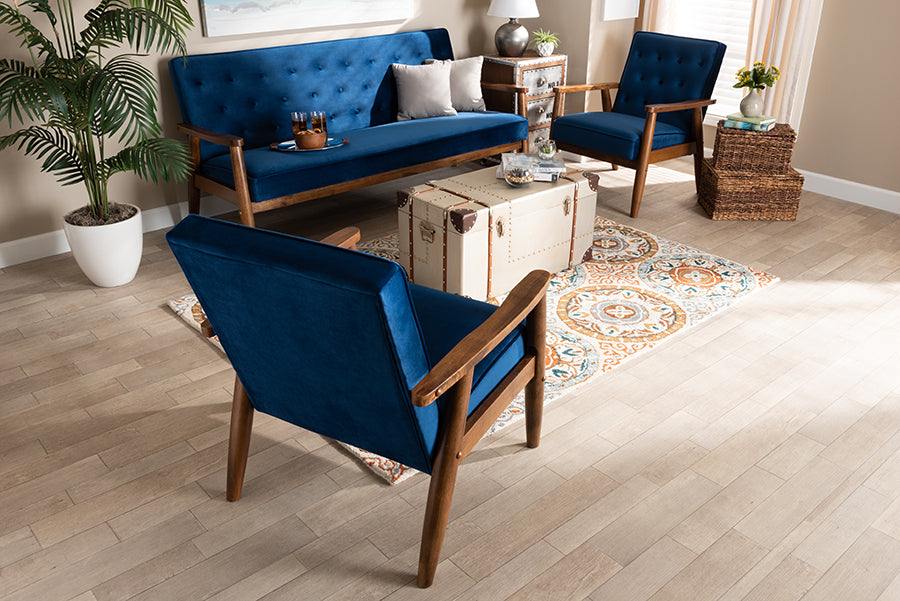 Baxton Studio Sorrento Mid-century Modern Navy Blue Velvet Fabric Upholstered Walnut Finished 3-Piece Wooden Living Room Set