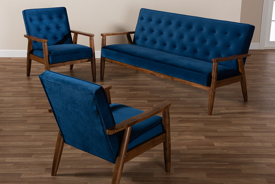 Baxton Studio Sorrento Mid-century Modern Navy Blue Velvet Fabric Upholstered Walnut Finished 3-Piece Wooden Living Room Set