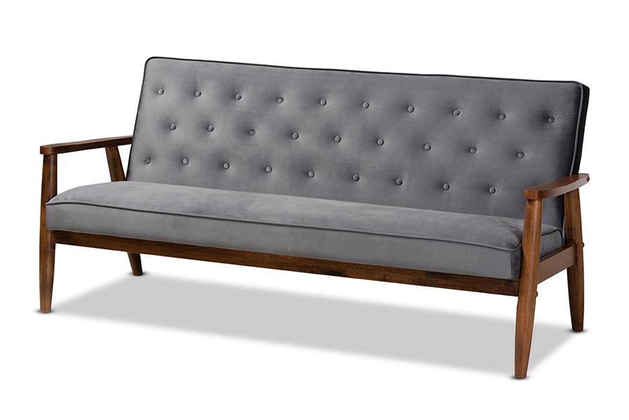 Baxton Studio Sorrento Mid-century Modern Grey Velvet Fabric Upholstered Walnut Finished Wooden 3-seater Sofa