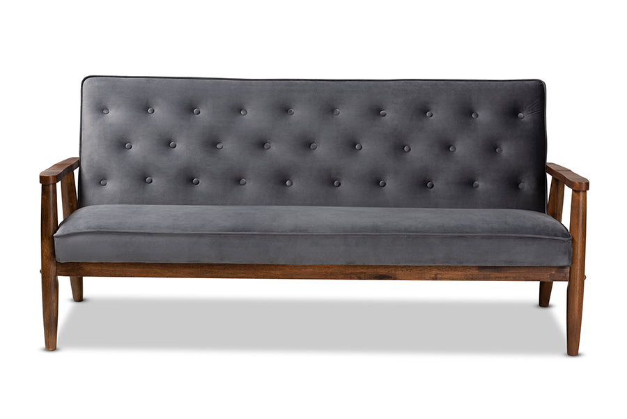 Baxton Studio Sorrento Mid-century Modern Grey Velvet Fabric Upholstered Walnut Finished Wooden 3-seater Sofa