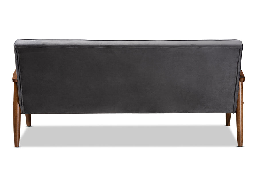 Baxton Studio Sorrento Mid-century Modern Grey Velvet Fabric Upholstered Walnut Finished Wooden 3-seater Sofa