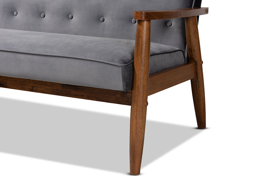 Baxton Studio Sorrento Mid-century Modern Grey Velvet Fabric Upholstered Walnut Finished Wooden 3-seater Sofa