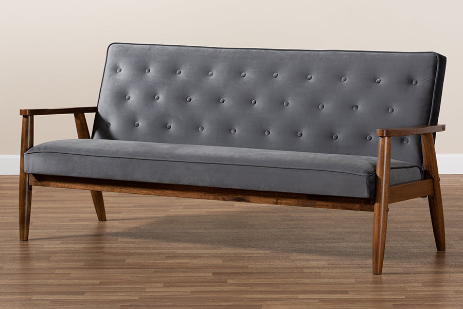Baxton Studio Sorrento Mid-century Modern Grey Velvet Fabric Upholstered Walnut Finished Wooden 3-seater Sofa