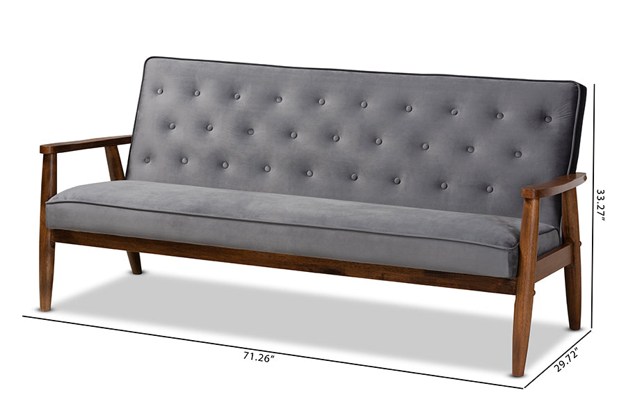Baxton Studio Sorrento Mid-century Modern Grey Velvet Fabric Upholstered Walnut Finished Wooden 3-seater Sofa