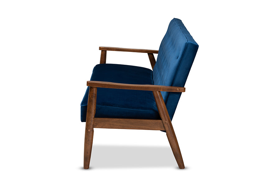 Baxton Studio Sorrento Mid-century Modern Navy Blue Velvet Fabric Upholstered Walnut Finished Wooden 3-seater Sofa