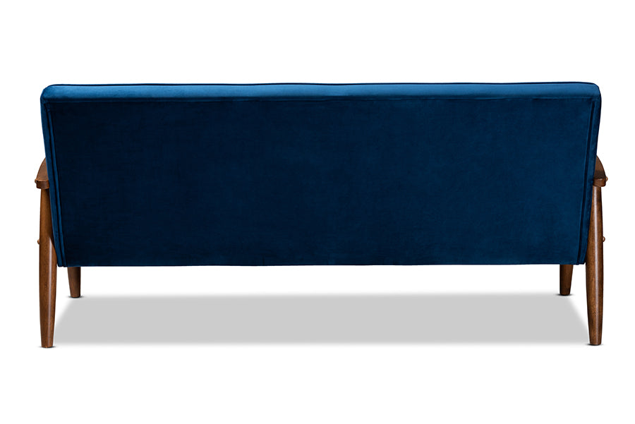 Baxton Studio Sorrento Mid-century Modern Navy Blue Velvet Fabric Upholstered Walnut Finished Wooden 3-seater Sofa