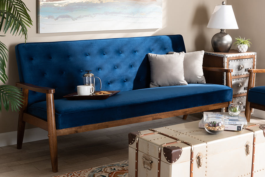 Baxton Studio Sorrento Mid-century Modern Navy Blue Velvet Fabric Upholstered Walnut Finished Wooden 3-seater Sofa