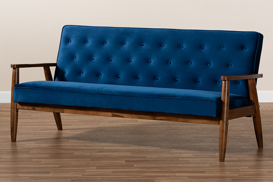 Baxton Studio Sorrento Mid-century Modern Navy Blue Velvet Fabric Upholstered Walnut Finished Wooden 3-seater Sofa