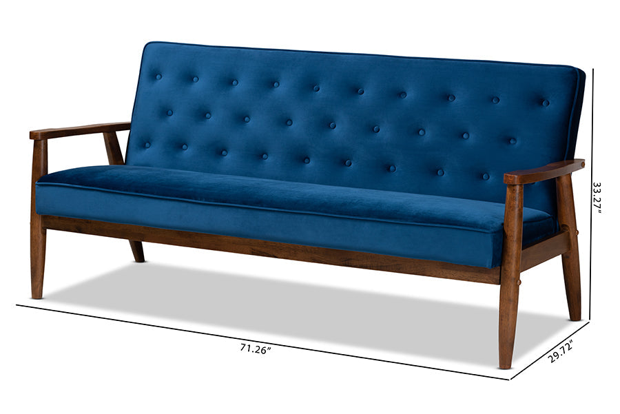Baxton Studio Sorrento Mid-century Modern Navy Blue Velvet Fabric Upholstered Walnut Finished Wooden 3-seater Sofa