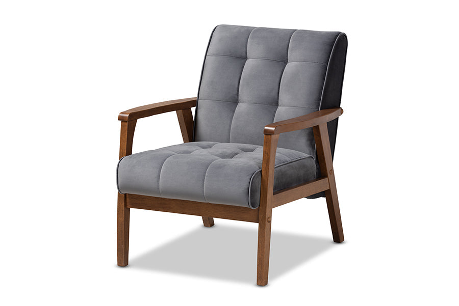 Baxton Studio Asta Mid-Century Modern Grey Velvet Fabric Upholstered Walnut Finished Wood Armchair