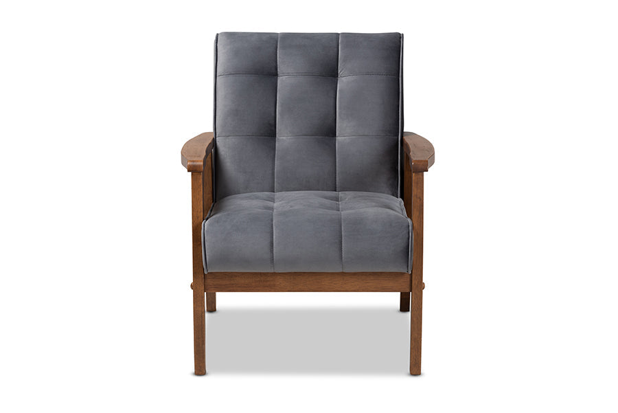 Baxton Studio Asta Mid-Century Modern Grey Velvet Fabric Upholstered Walnut Finished Wood Armchair