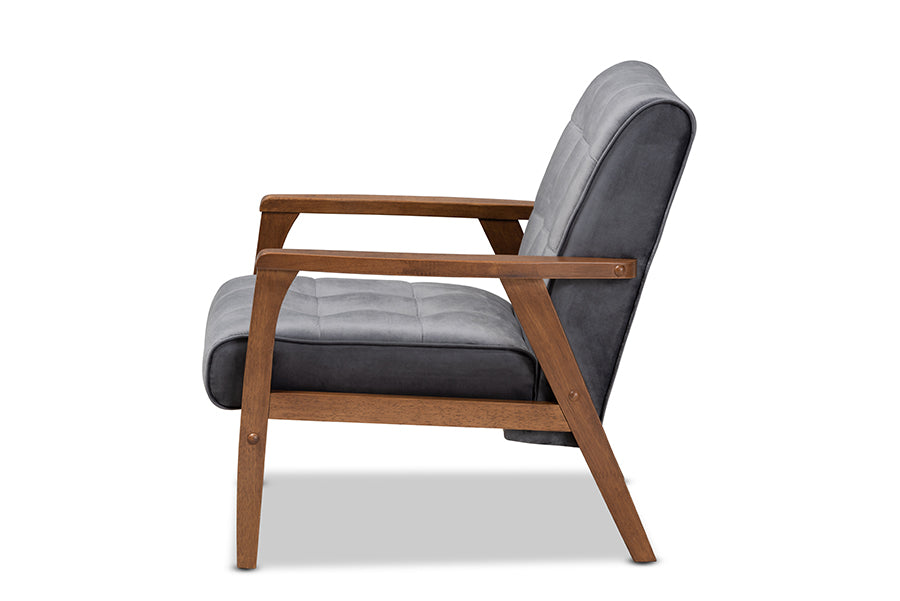 Baxton Studio Asta Mid-Century Modern Grey Velvet Fabric Upholstered Walnut Finished Wood Armchair