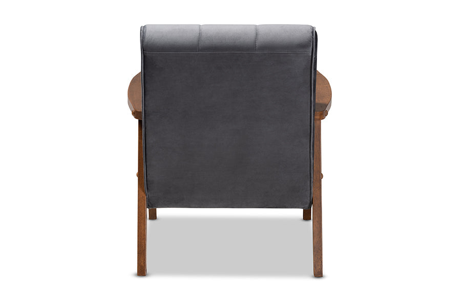 Baxton Studio Asta Mid-Century Modern Grey Velvet Fabric Upholstered Walnut Finished Wood Armchair