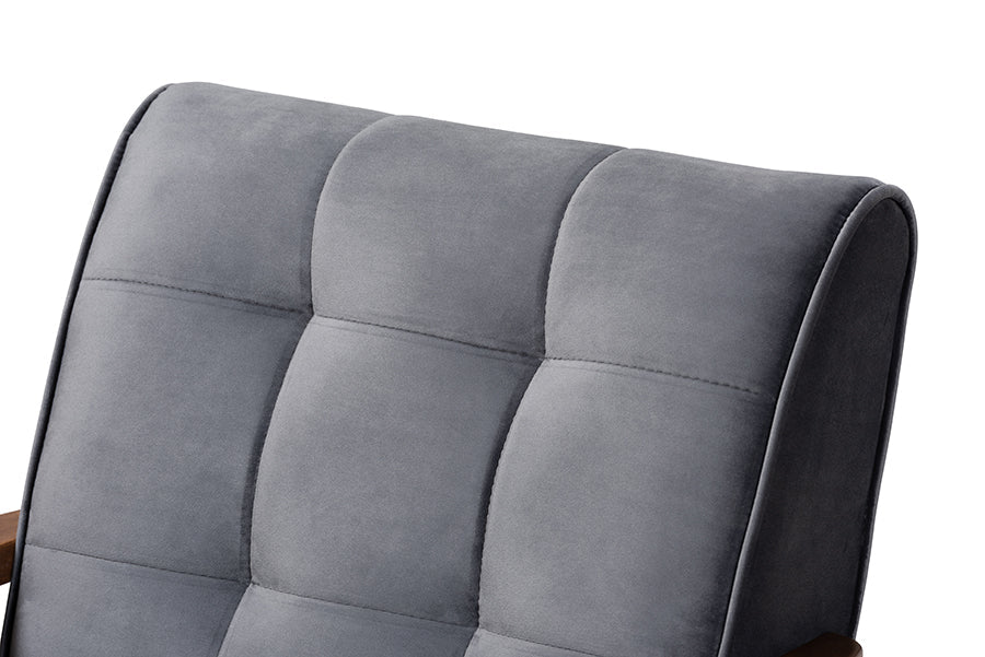 Baxton Studio Asta Mid-Century Modern Grey Velvet Fabric Upholstered Walnut Finished Wood Armchair