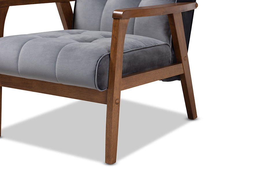 Baxton Studio Asta Mid-Century Modern Grey Velvet Fabric Upholstered Walnut Finished Wood Armchair