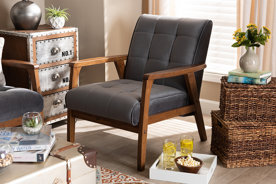 Baxton Studio Asta Mid-Century Modern Grey Velvet Fabric Upholstered Walnut Finished Wood Armchair