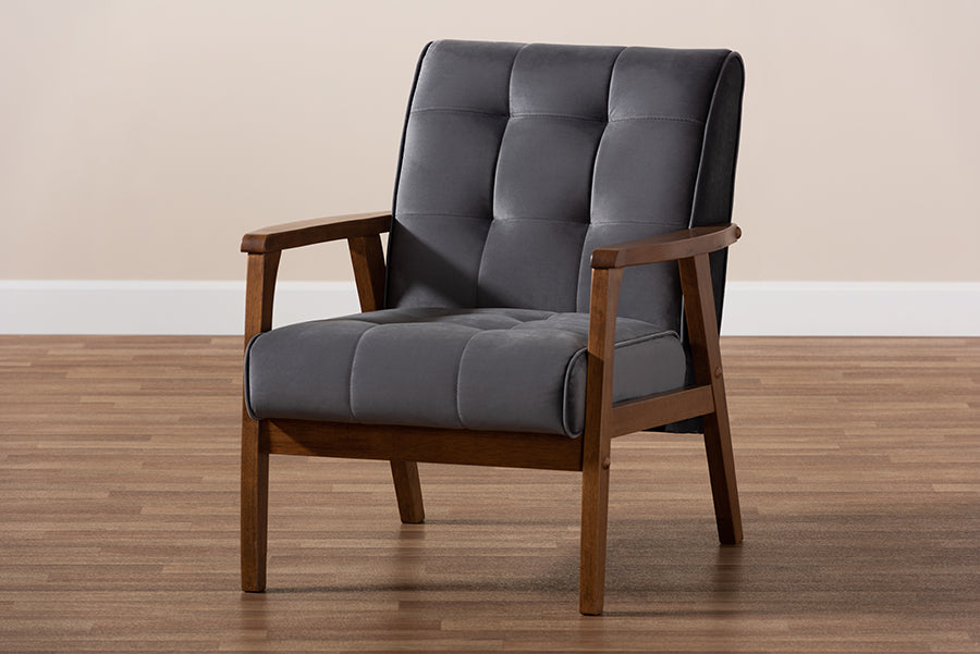 Baxton Studio Asta Mid-Century Modern Grey Velvet Fabric Upholstered Walnut Finished Wood Armchair