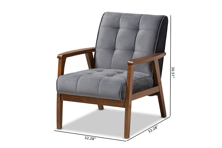 Baxton Studio Asta Mid-Century Modern Grey Velvet Fabric Upholstered Walnut Finished Wood Armchair
