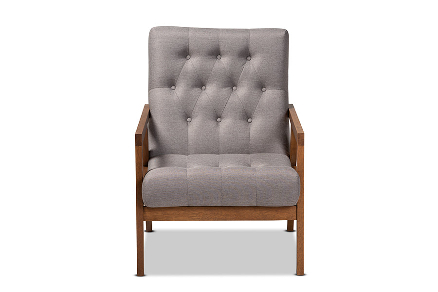 Baxton Studio Naeva Mid-Century Modern Grey Fabric Upholstered Walnut Finished Wood Armchair
