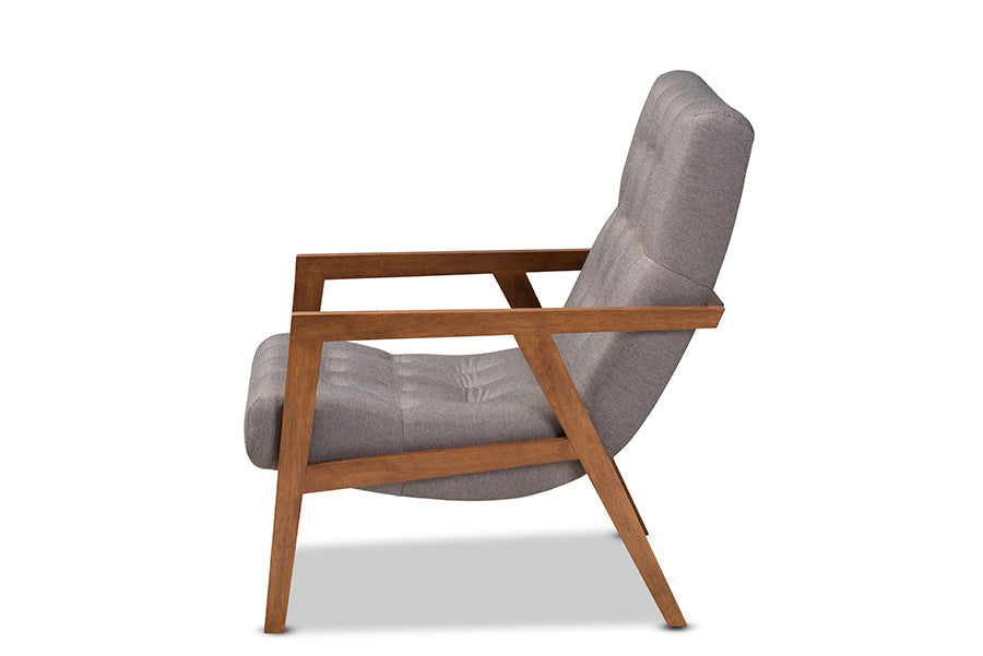 Baxton Studio Naeva Mid-Century Modern Grey Fabric Upholstered Walnut Finished Wood Armchair